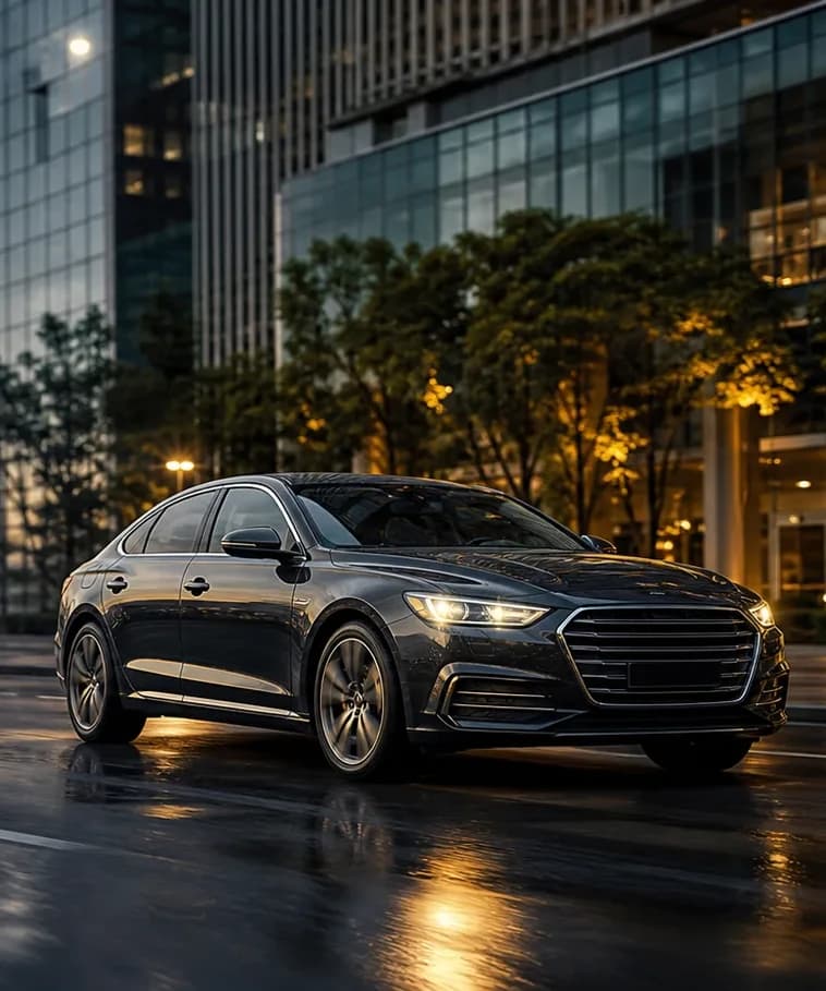 Automóvel premium em via urbana ao entardecer